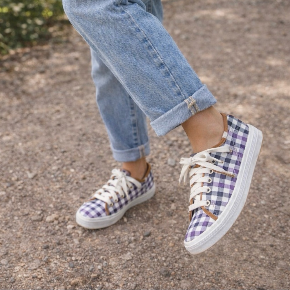 Keds Kate Spade Purple Black Plaid Gingham Print Tie Sneakers Platform Preppy 8 - Picture 1 of 15
